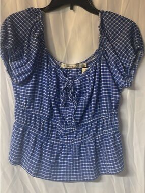 Liberty Love Blue Plaid Peasant Blouse with Front Tie